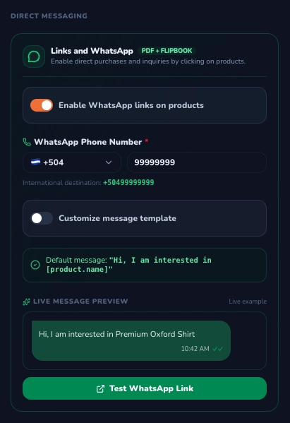 WhatsApp Product Link Configuration & Live Message Bubble
